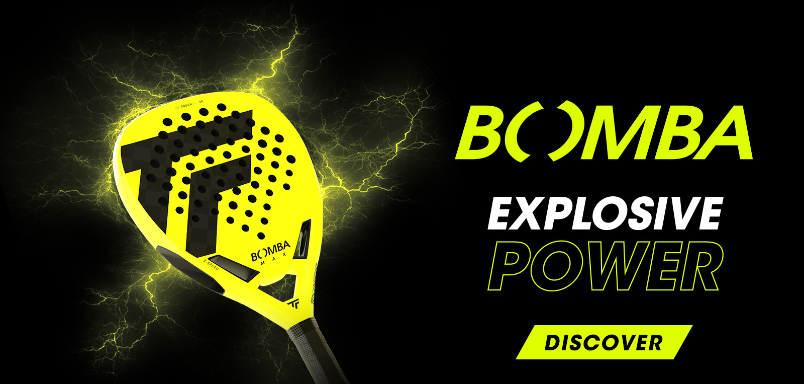 Yellow Bomba padel racket with black graphics against a dark background with yellow lightning.