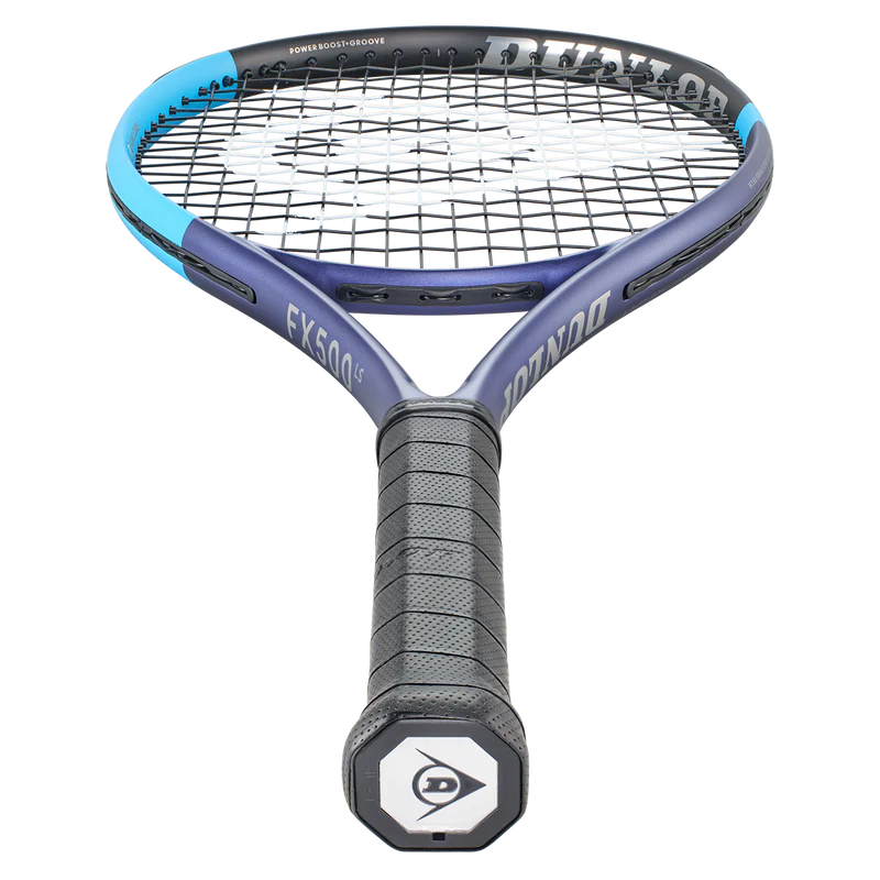 Dunlop FX500 LS tennis racket with blue and purple frame and black grip