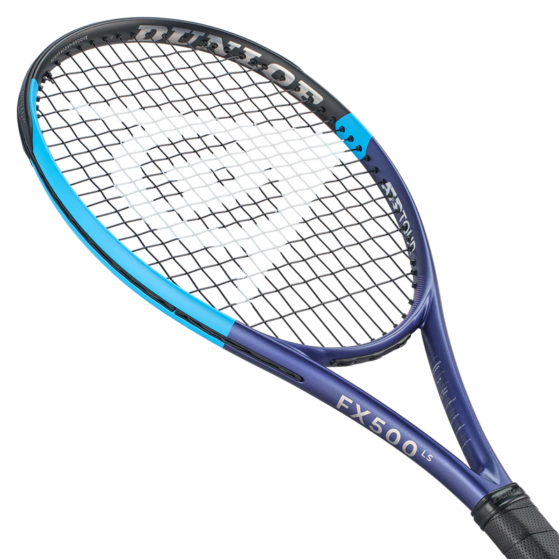 Dunlop FX500 LS tennis racket with blue and black frame, white strings, ideal for performance play