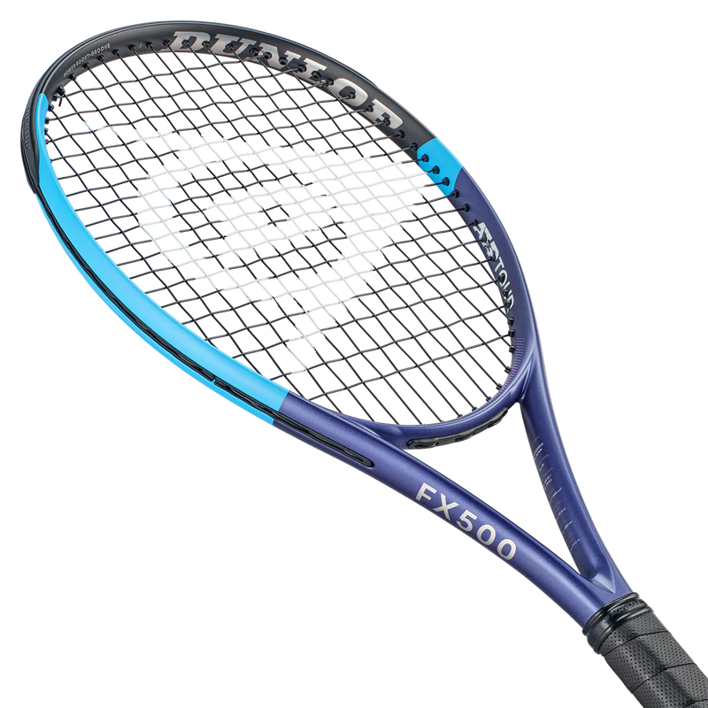 Dunlop FX500 tennis racket with blue and black frame, ideal for players seeking control and power on the court.