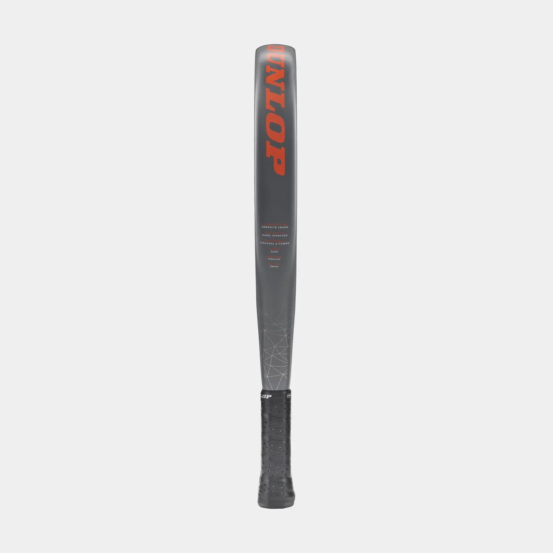 Gray padel racket with black grip and bold orange branding on a white background