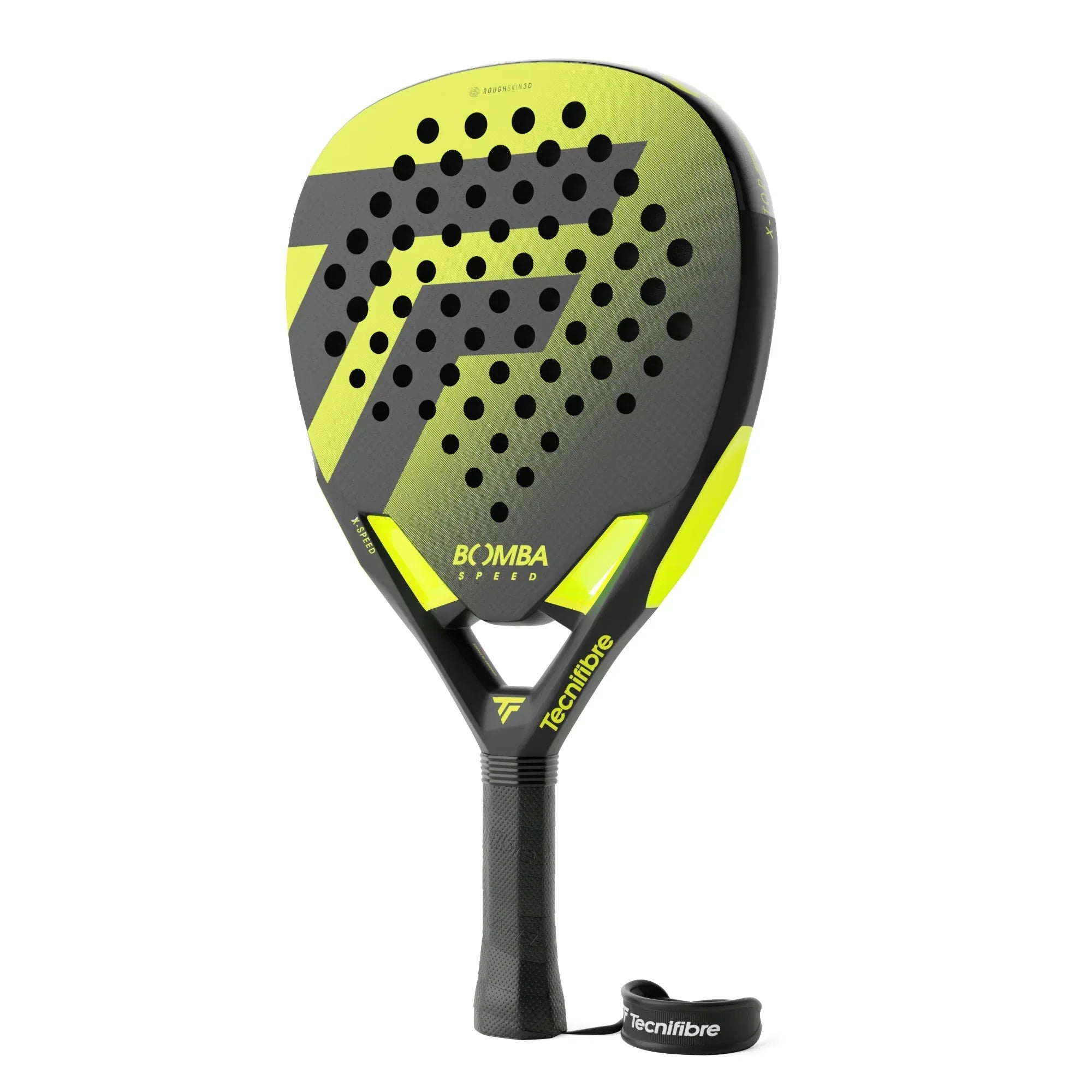 Black and yellow Tecnifibre padel racket with perforated face and wrist strap