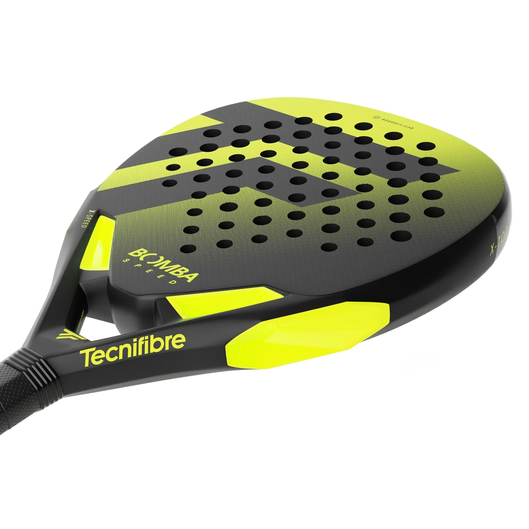 Tecnifibre Bomba Speed padel racket with black and yellow design, close-up view