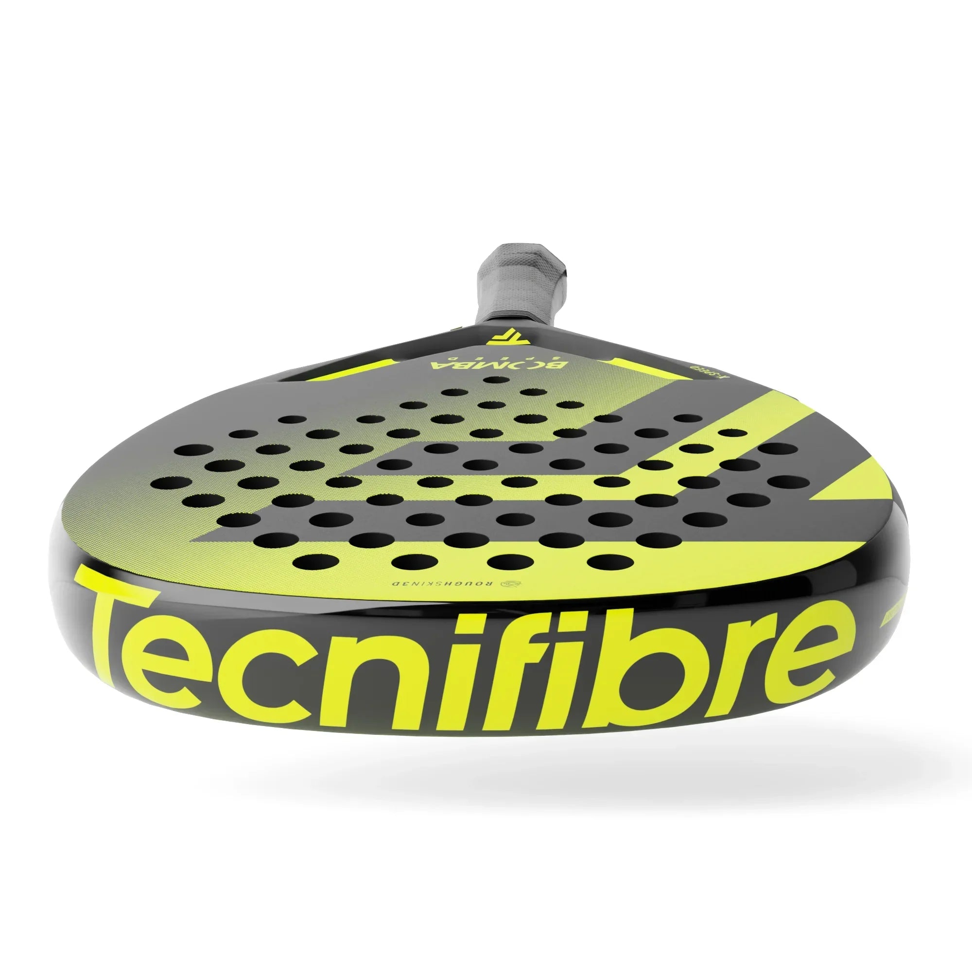 Tecnifibre padel racket with black and yellow design, perforated round head, isolated on white