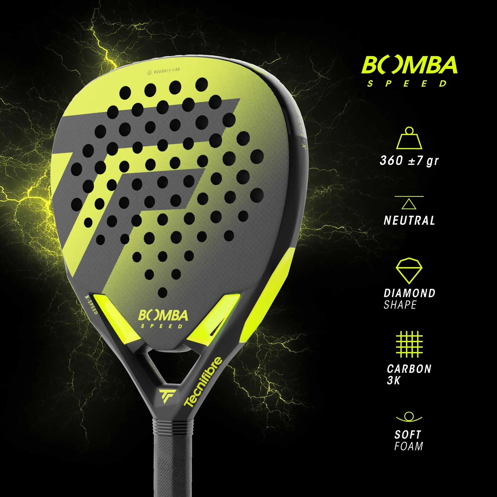 Tecnifibre Bomba Speed padel racket with diamond shape, carbon 3K frame, and neon yellow accents