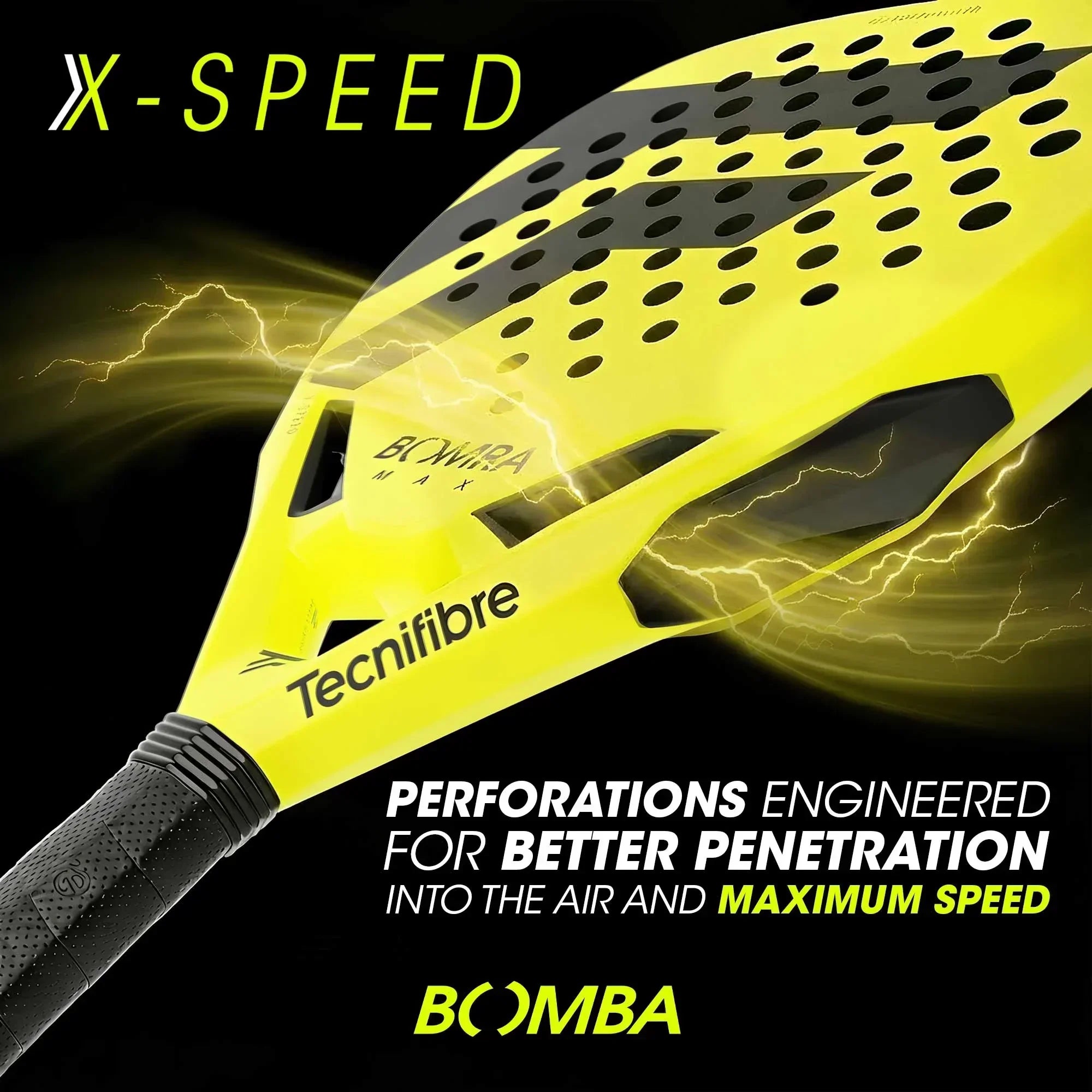 Yellow Tecnifibre Bomba X-Speed padel racket with perforated design, black grip, and bold branding.