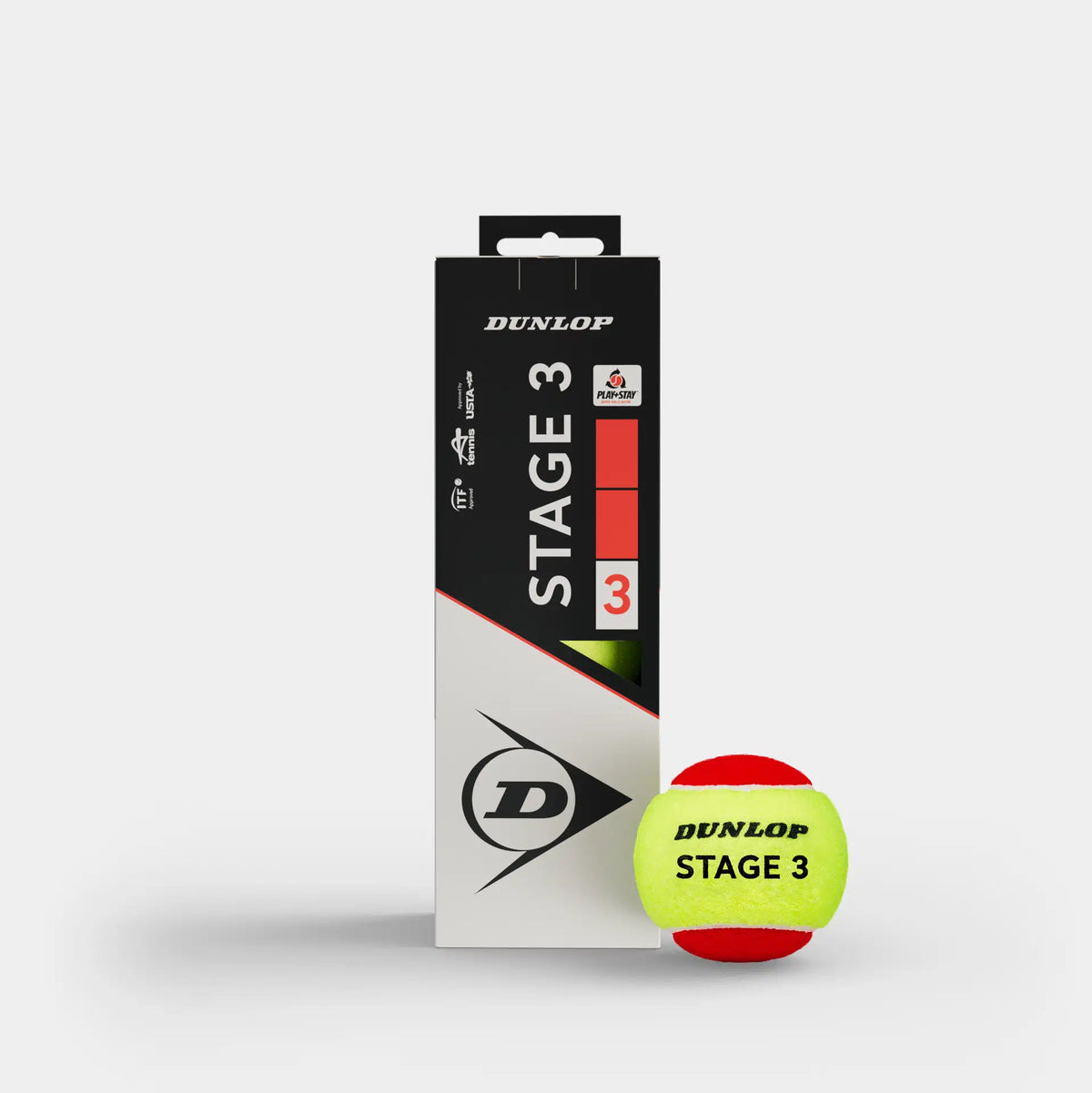 Dunlop Stage 3 tennis balls with packaging on a plain white background.