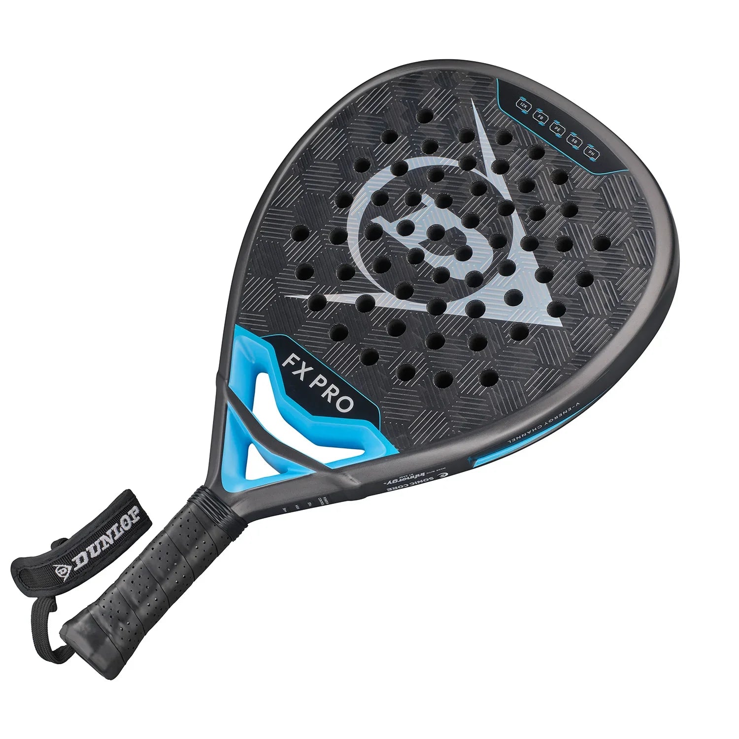 Black and blue padel racket with perforated surface and FX PRO label, isolated on white