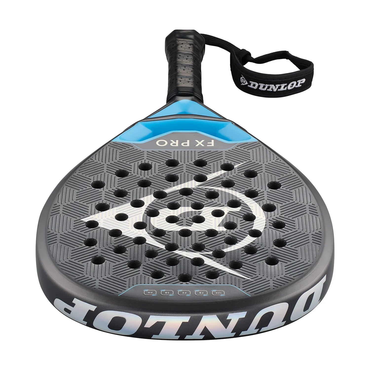Dunlop FX Pro padel racket with textured surface, perforated face, and wrist strap