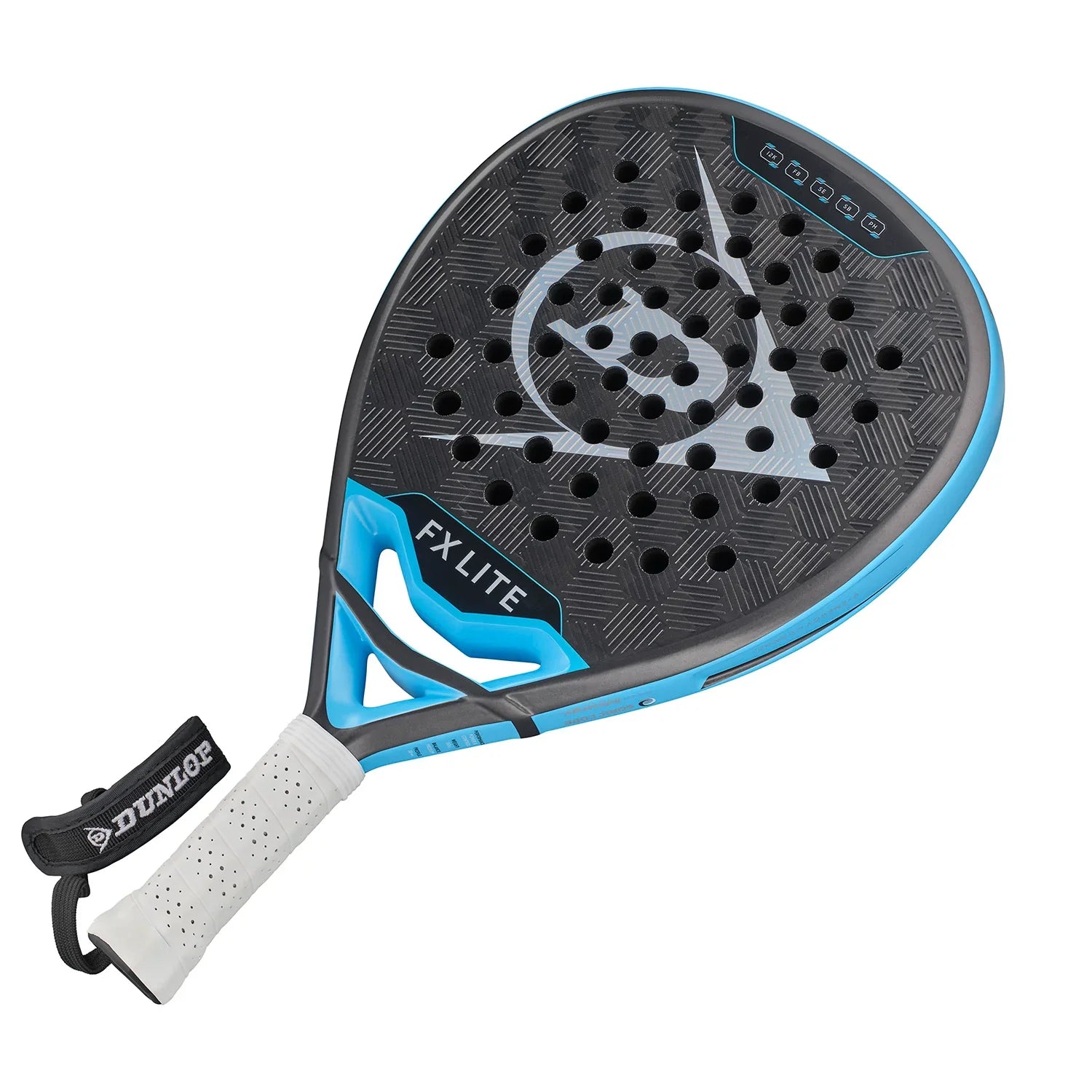 Black and blue Dunlop FX Lite padel racket with perforated surface and white grip