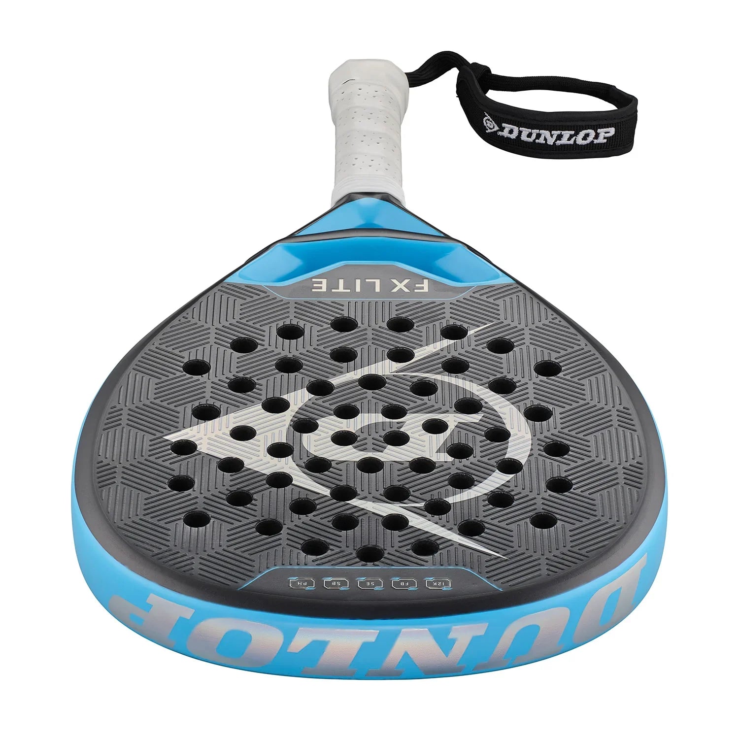 Dunlop FX Lite padel racket with black perforated face, blue trim, white grip, and wrist strap
