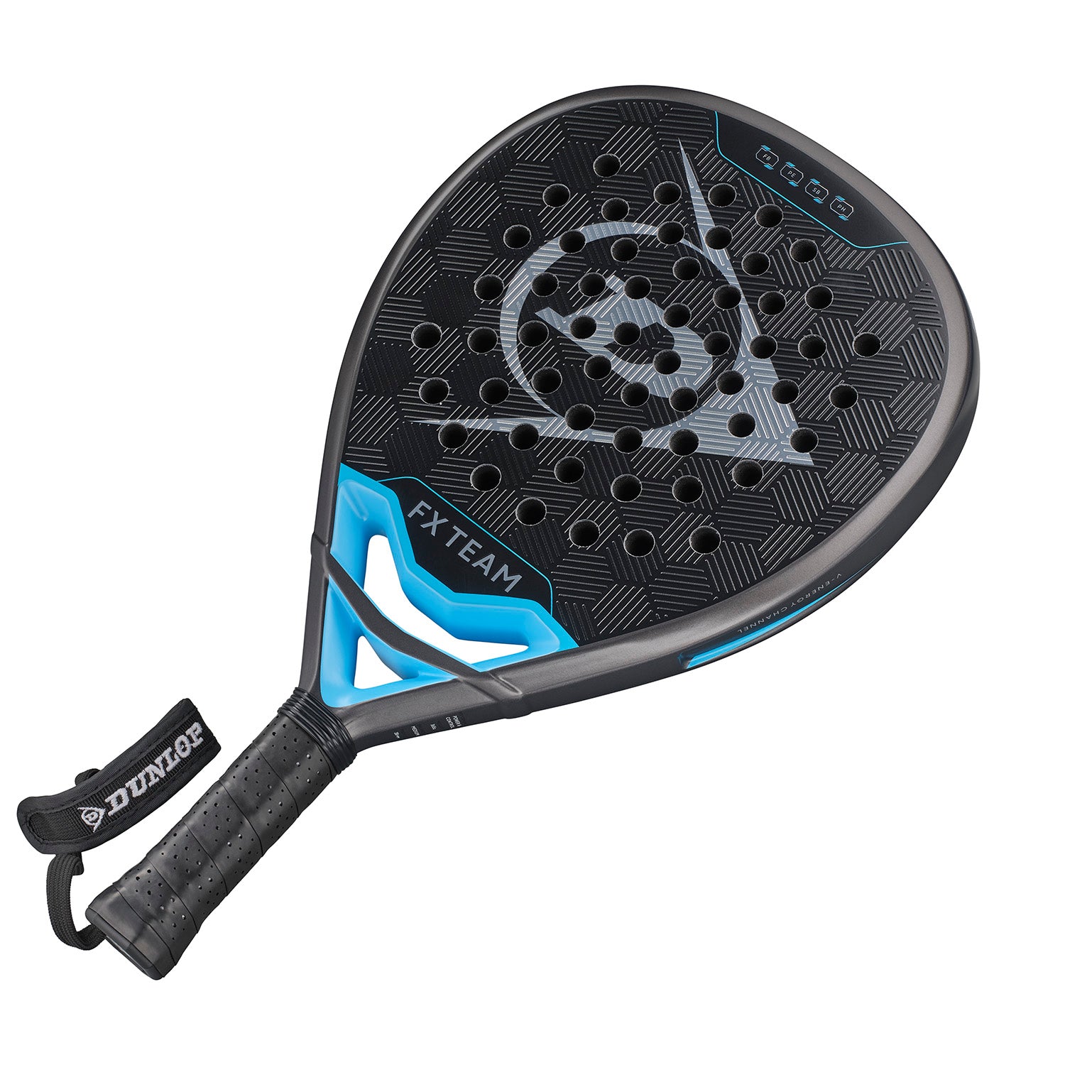 Black and blue Dunlop FX Team padel racket with textured surface and perforated design.