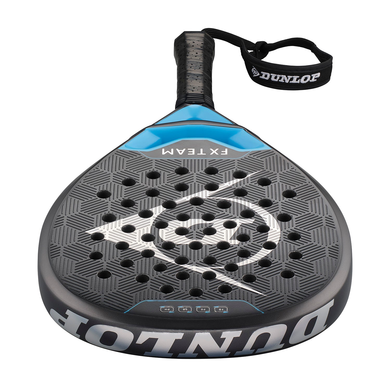 Black and blue Dunlop padel racket with perforated surface and FXTEAM marking