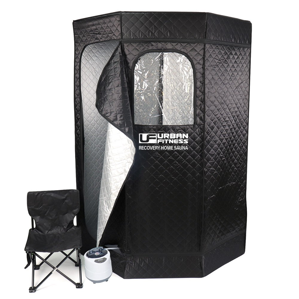 Urban Fitness Recovery Home Sauna tent with chair and steam generator, black quilted design