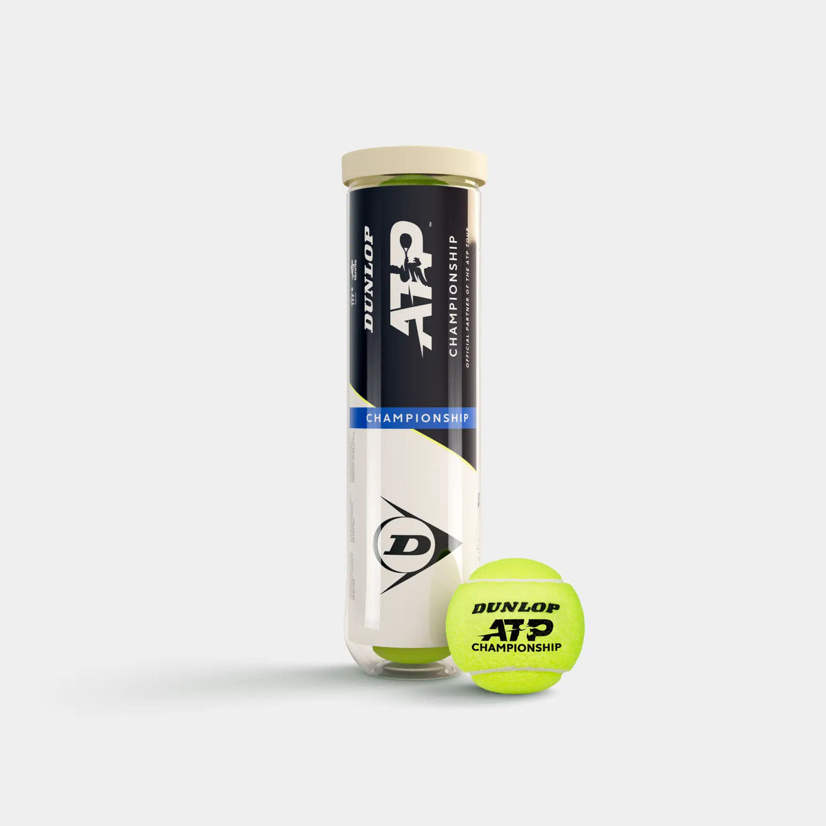Dunlop ATP Championship tennis balls in a pressurized can with one ball beside it.
