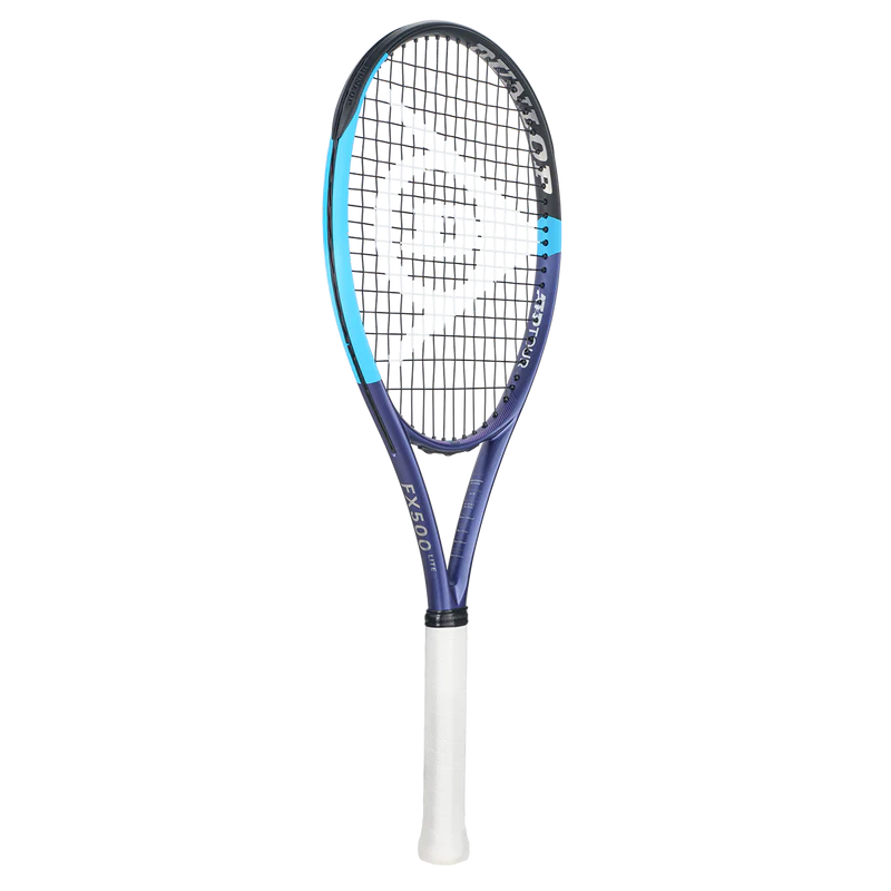 Blue and white FX 500 tennis racket on a black background