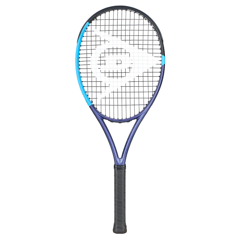 Blue and black tennis racket with bright blue accents and black grip, ideal for tennis, squash, or padel.