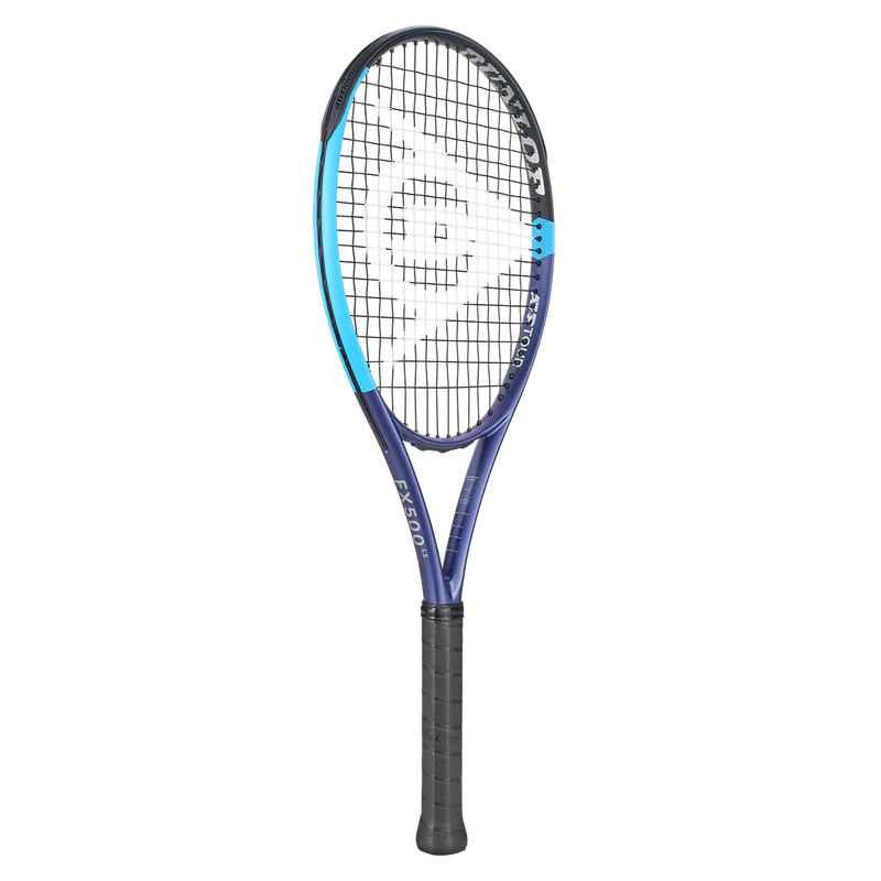 Dunlop FX 500 LS tennis racket with blue and black frame, ideal for tennis players seeking power and spin.