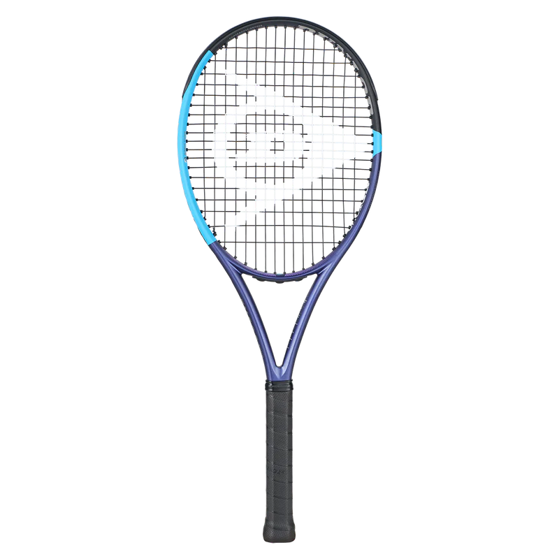 Blue and black tennis racket with white strings and logo, ideal for tennis players