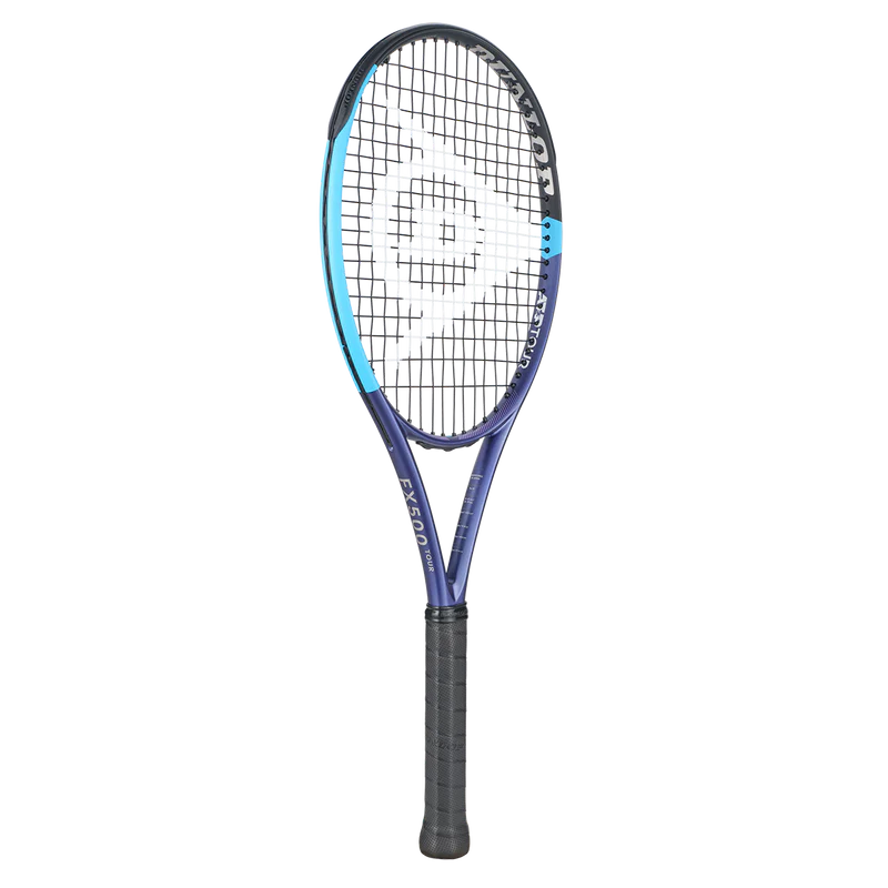 Purple and blue tennis racket with black grip, ideal for tennis, squash, or padel players.