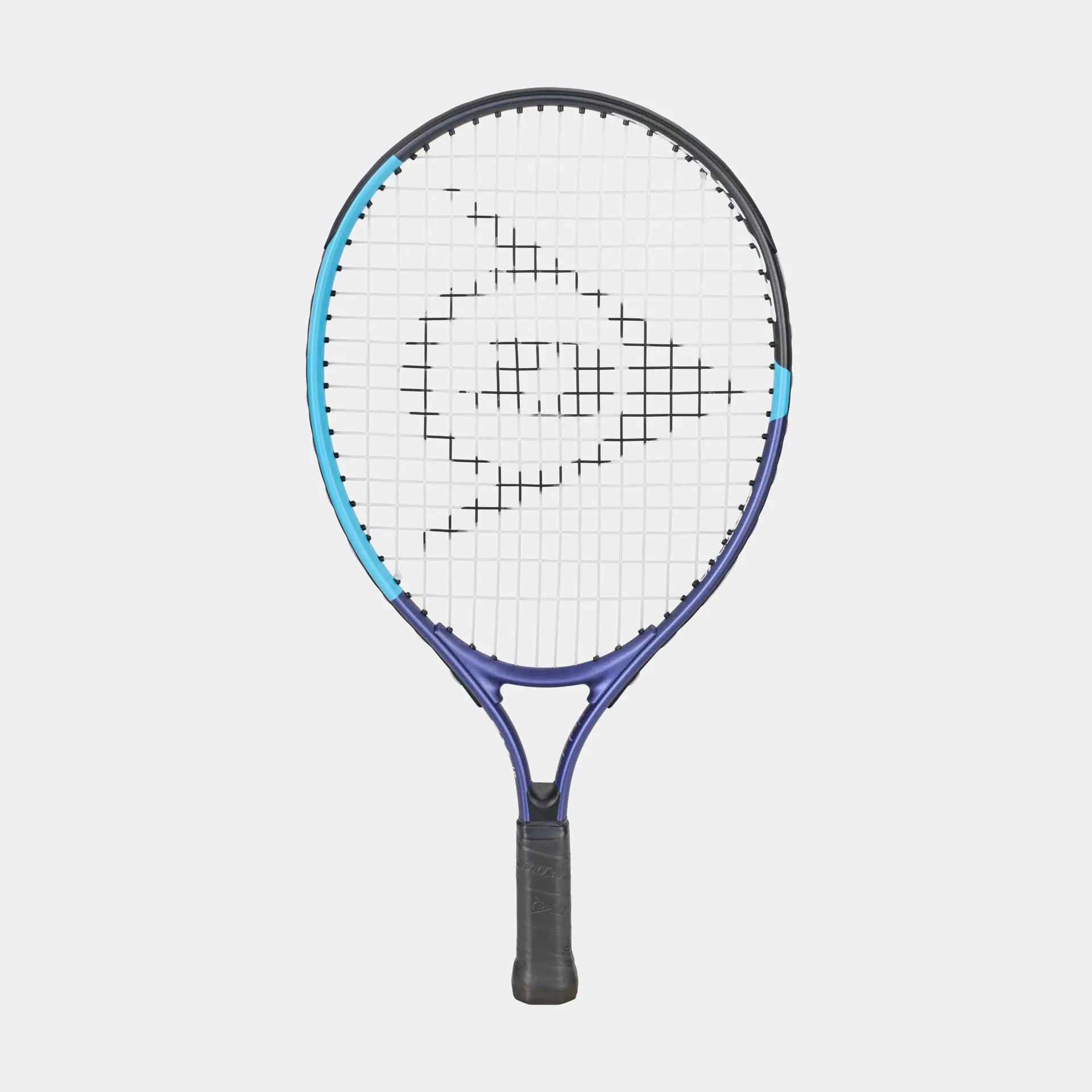 Blue and black tennis racket with an outlined logo on the strings against a plain background