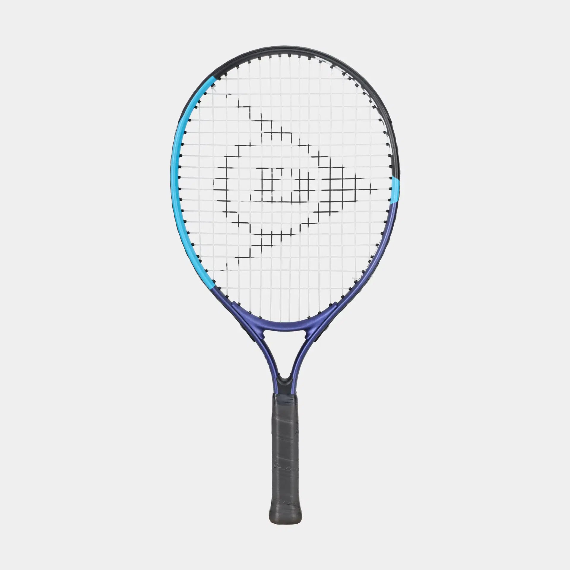 Blue and purple tennis racket with a stylized logo on the strings