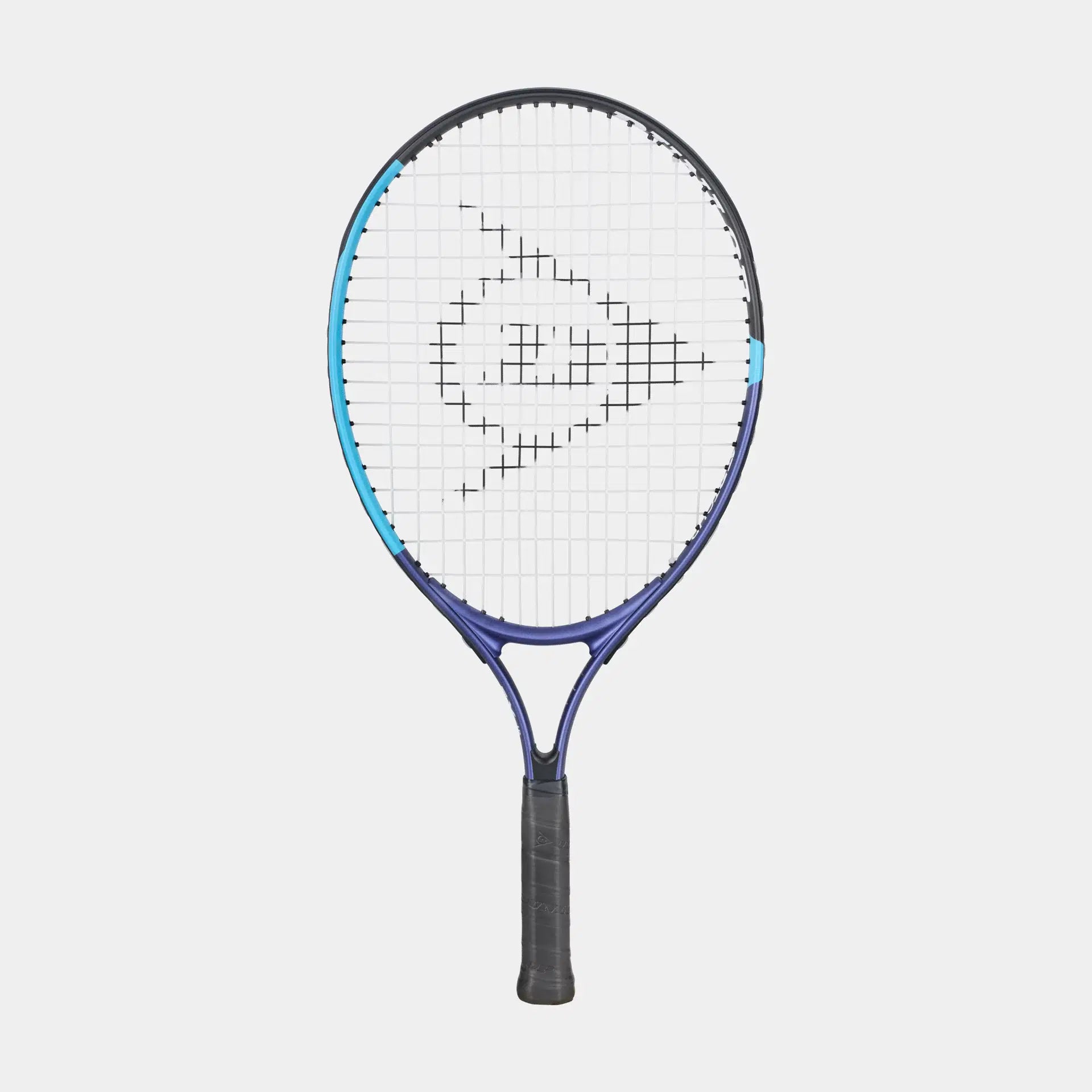 Blue and purple tennis racket with a white string bed and patterned logo