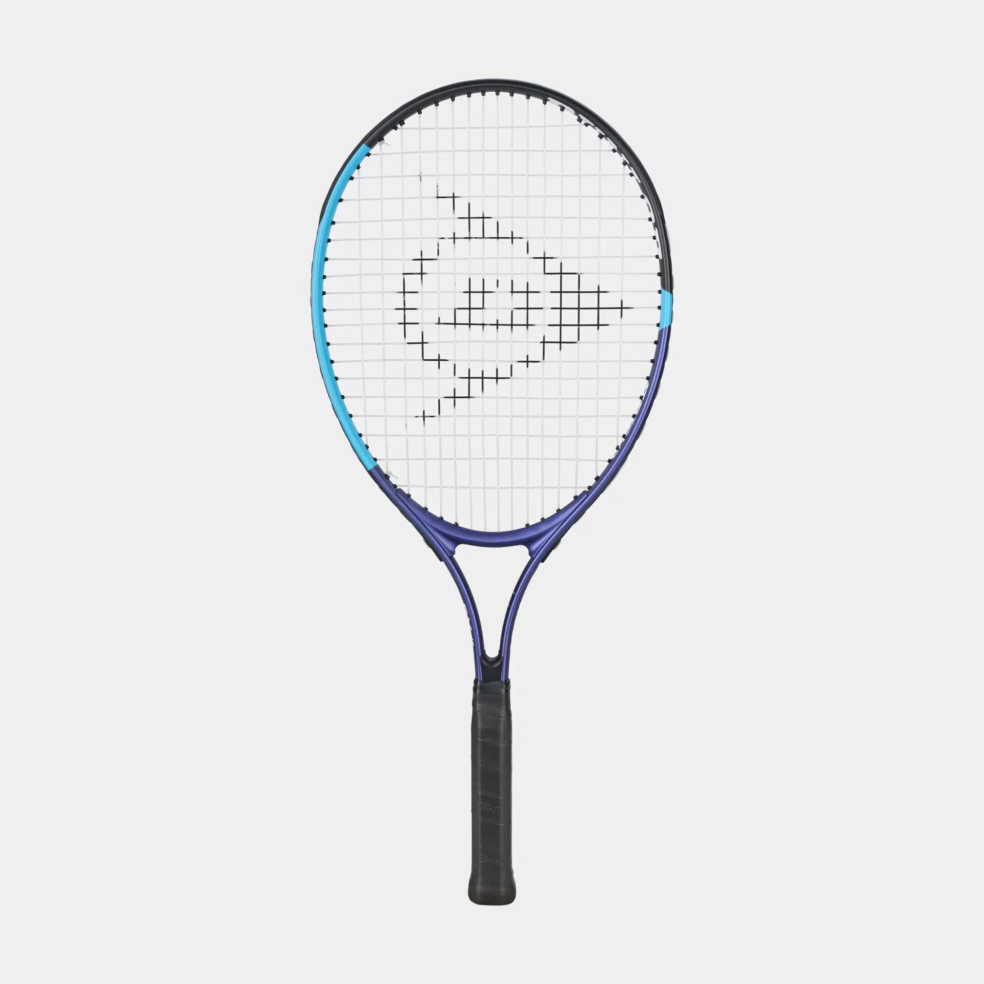 Blue and purple tennis racket with a white string pattern design on a plain background