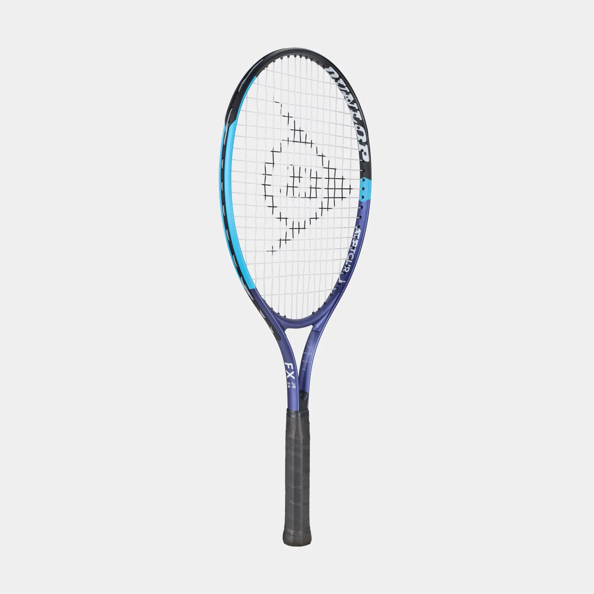 Dunlop FX tennis racket with a blue and purple frame on a light grey background