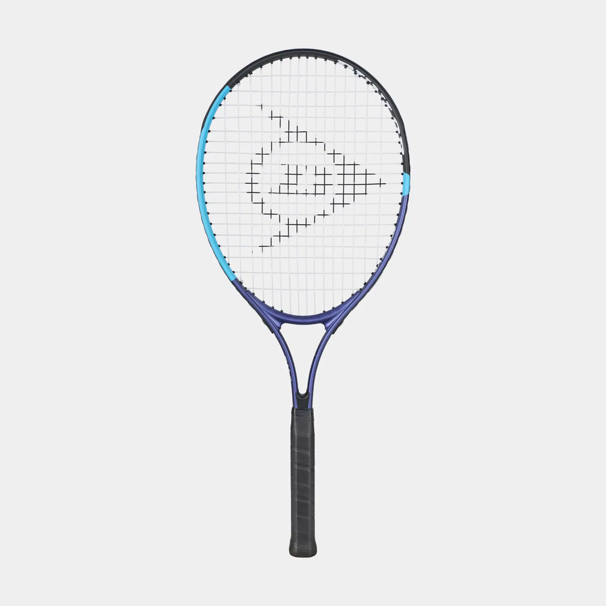 Blue and black tennis racket with white strings isolated on a light gray background