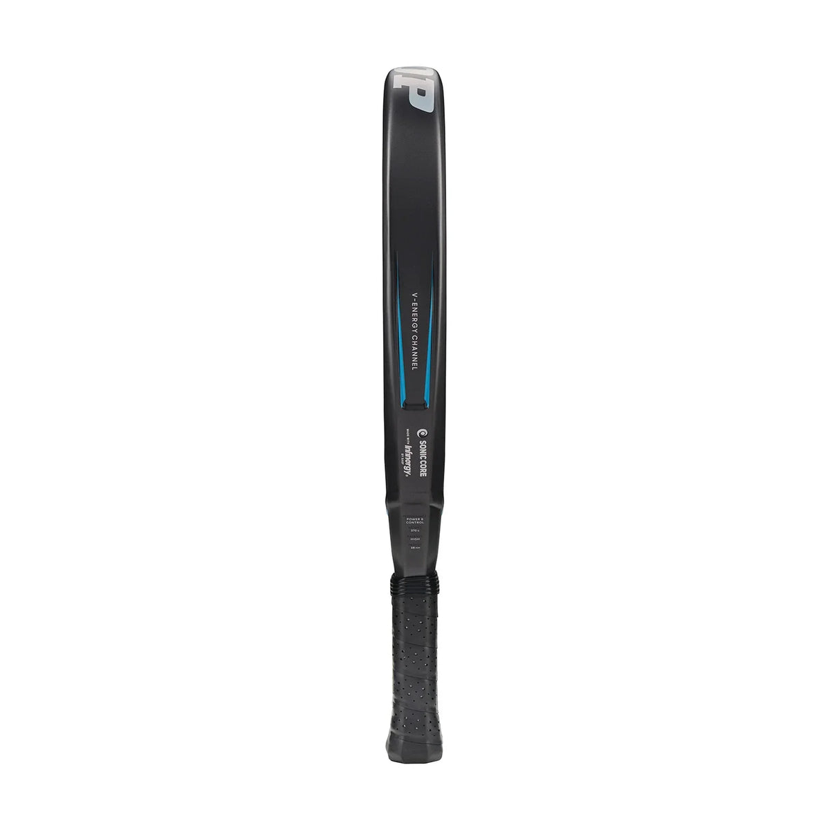 Close-up side view of a black tennis racket frame with blue accents and textured grip