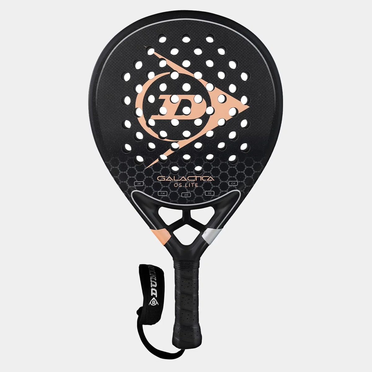 Black Galactica OS Lite padel racket with rose gold logo and perforated face
