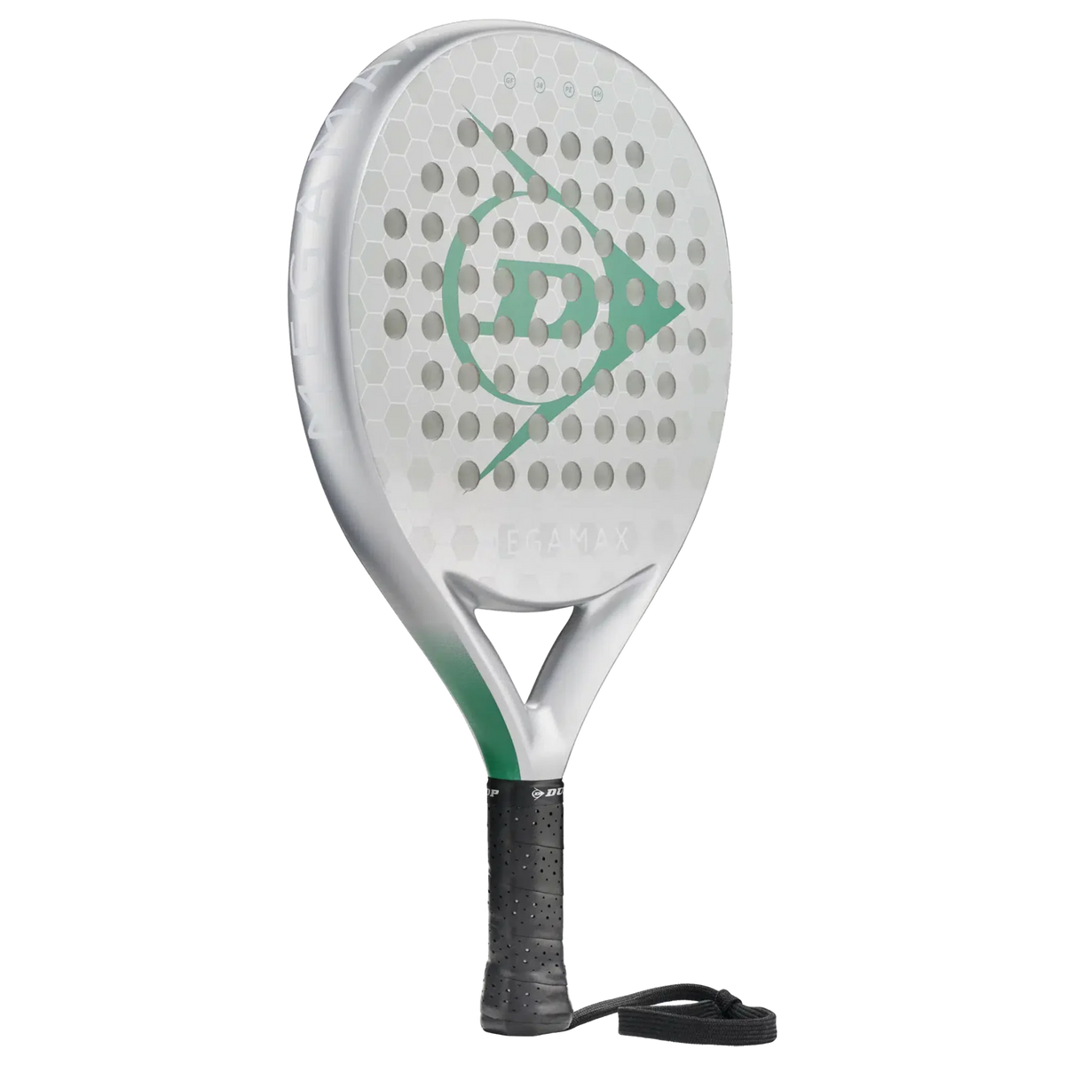 White and green Megamax padel racket with perforated face and black grip