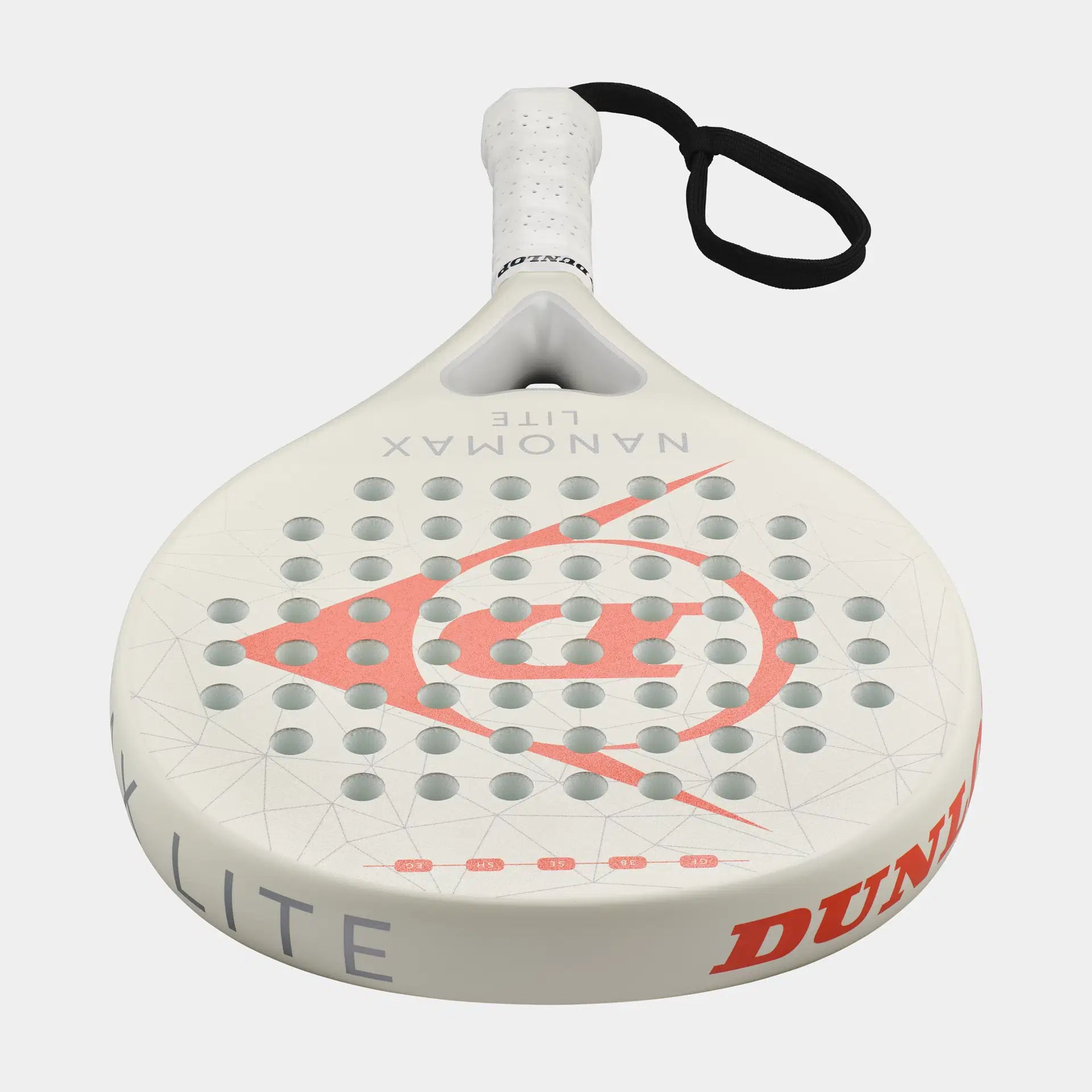 White and red padel racket with perforated face and wrist strap, Nanomax Lite model