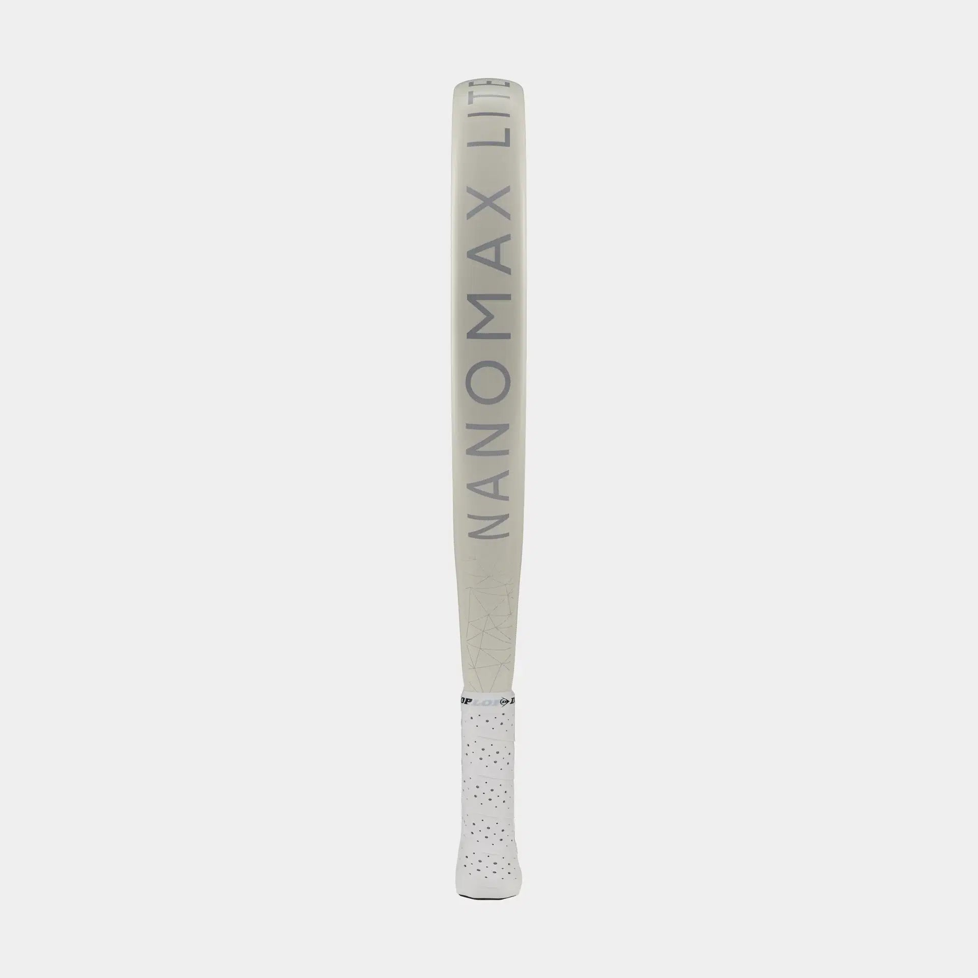White Nanomax Lite padel racket handle with perforated grip, grey text, on white background