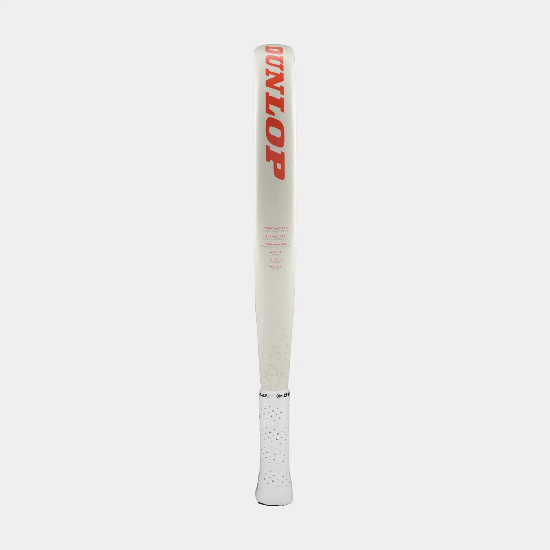 White Dunlop padel racket handle viewed vertically on a plain background