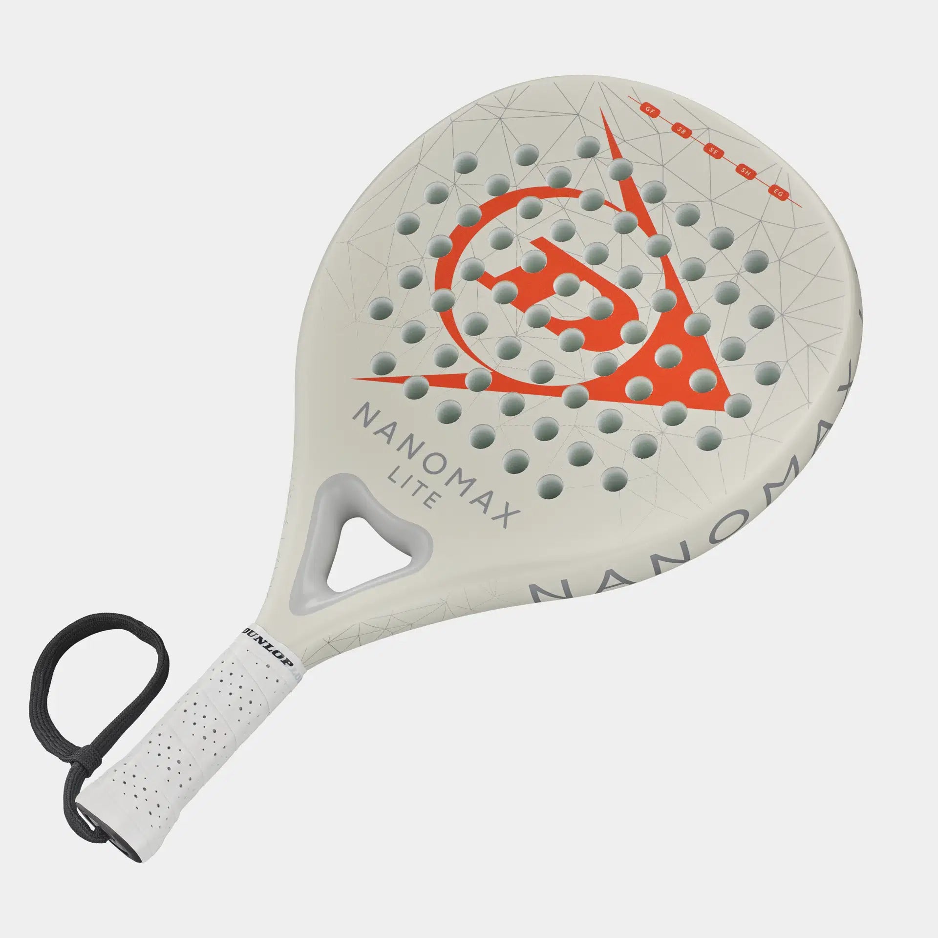 Light grey Dunlop Nanomax Lite padel racket with orange logo and perforated face