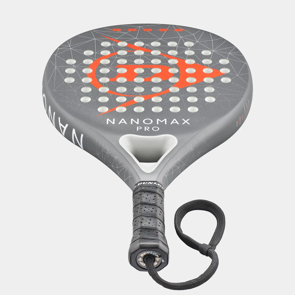 Dunlop Nanomax Pro padel racket with grey and orange geometric design, perforated face, and wrist strap