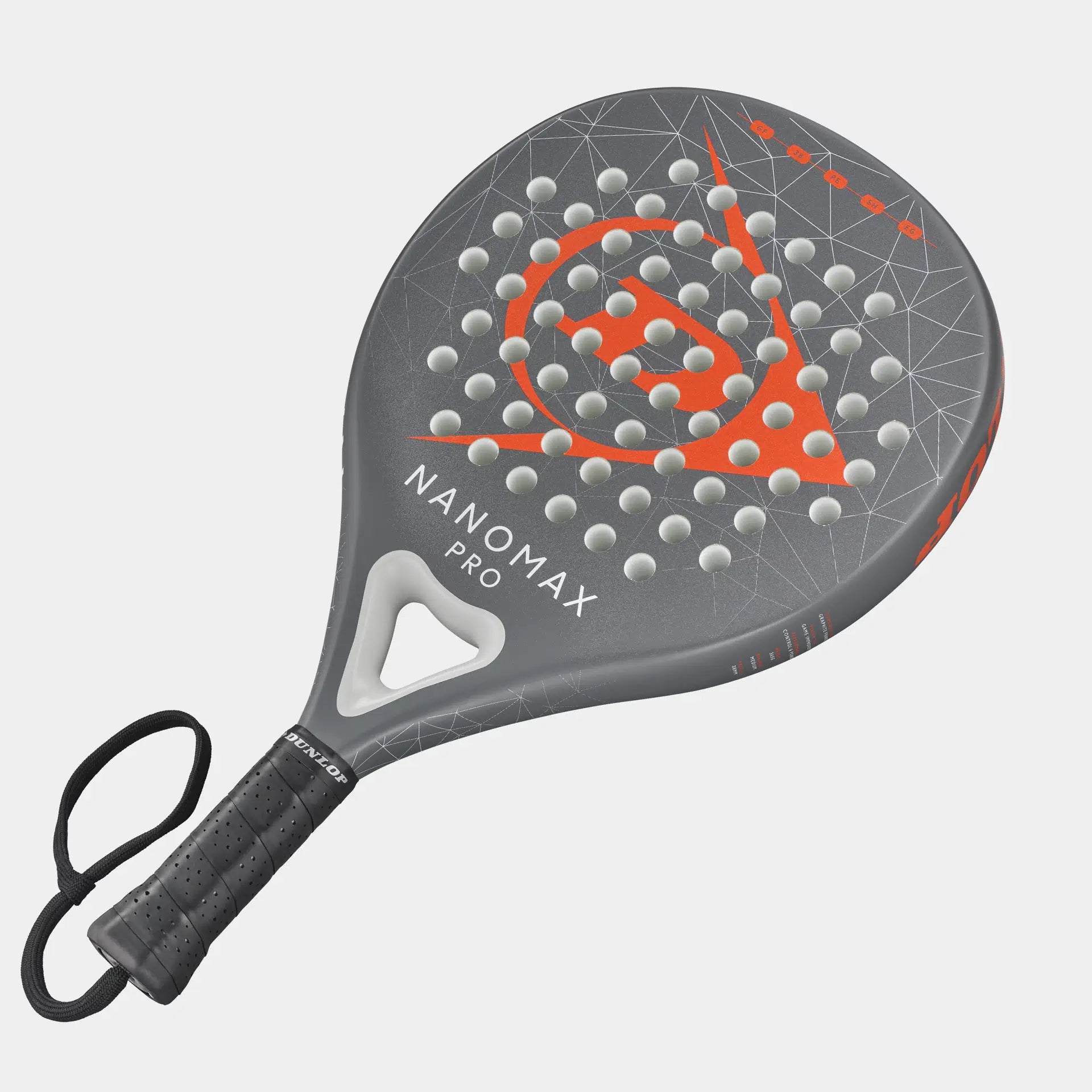 Grey Nanomax Pro padel racket with orange accents and perforated surface, wrist strap attached