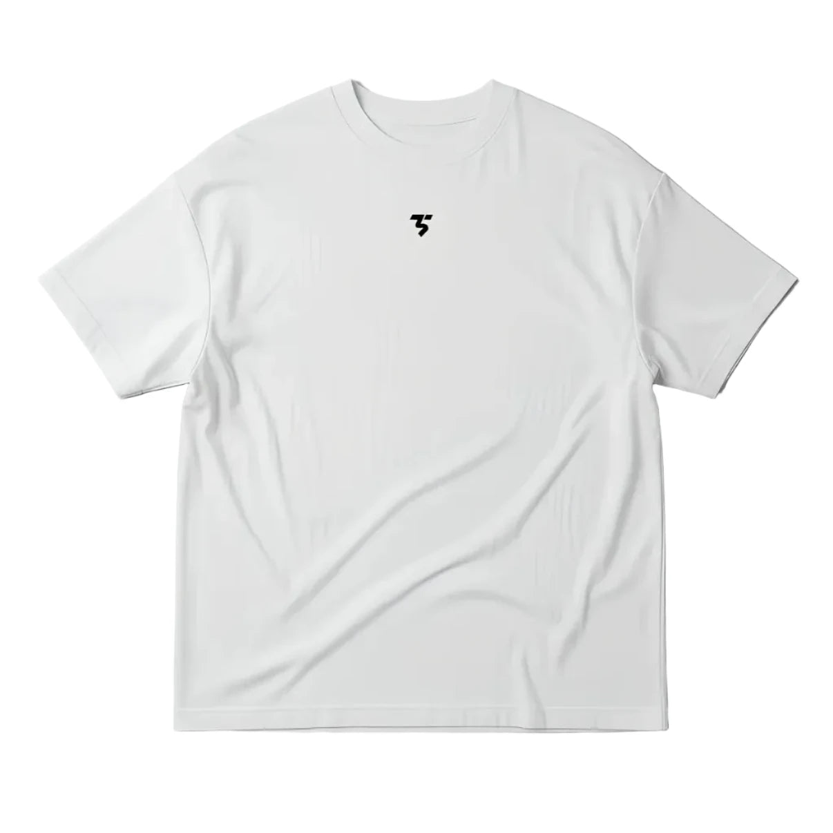 White t-shirt with a small black logo on a gray background