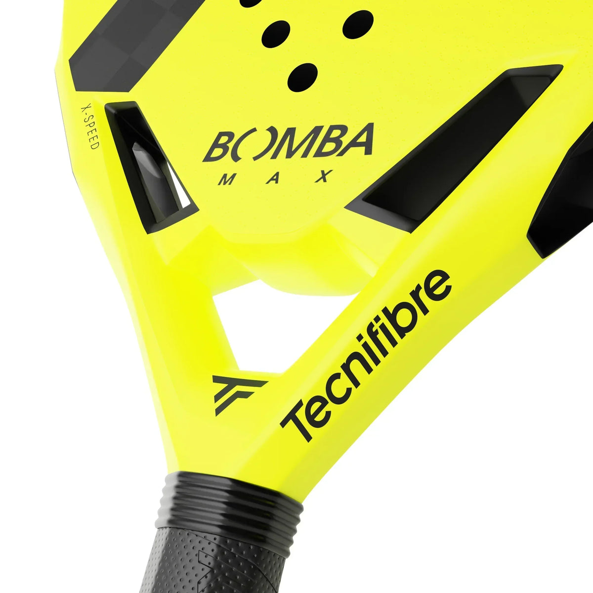 Close-up of Tecnifibre Bomba Max yellow padel racket with black details and grip