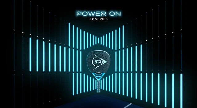FX Pro padel racket centered against a futuristic neon blue light background.
