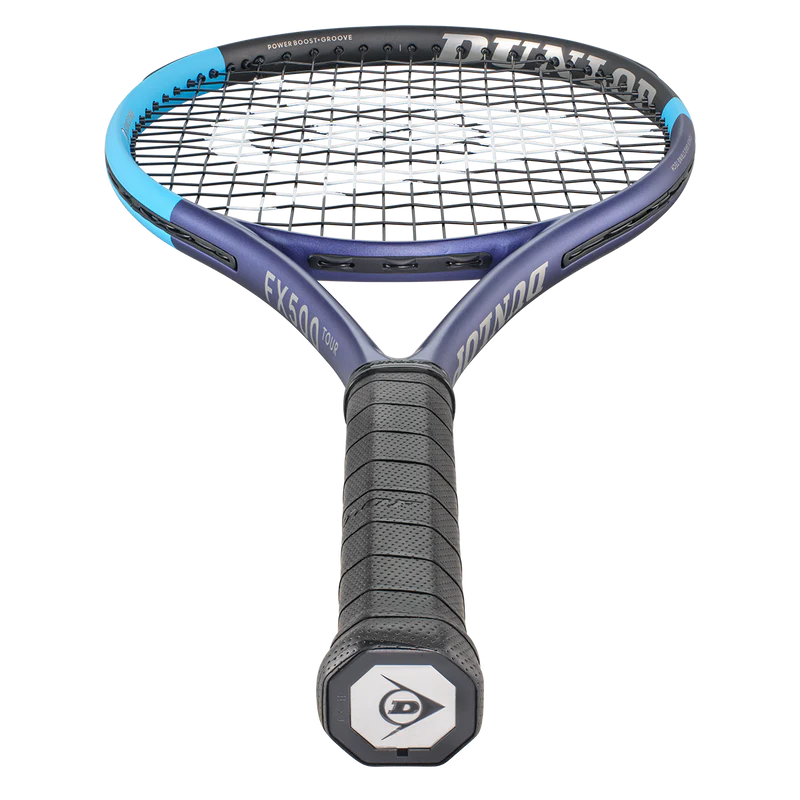 Dunlop FX500 Tour tennis racket with blue and black frame and textured grip