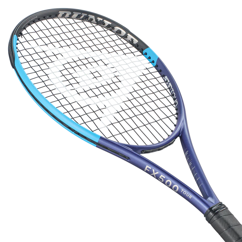 Dunlop FX500 Tour tennis racket with blue and black frame and white strings