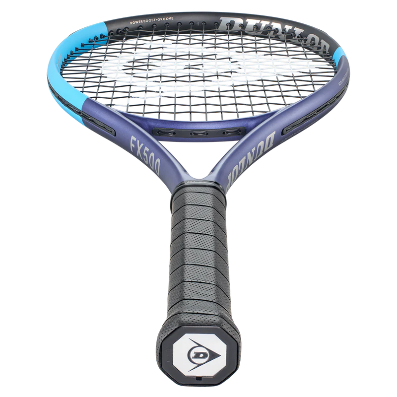 Dunlop FX500 tennis racket with blue and purple frame, black grip, Power Boost Groove technology