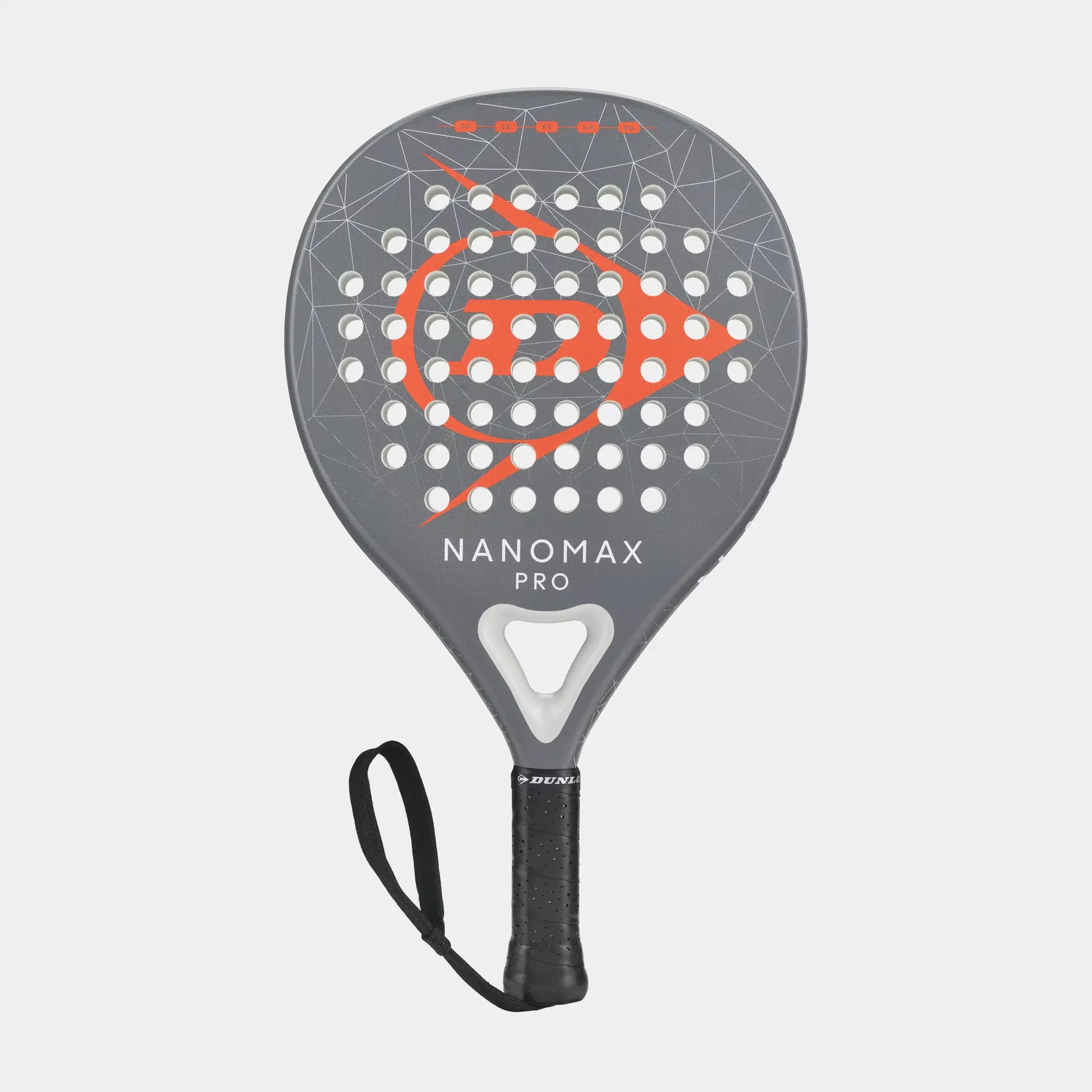 Grey and orange Dunlop Nanomax Pro padel racket with wrist strap on white background