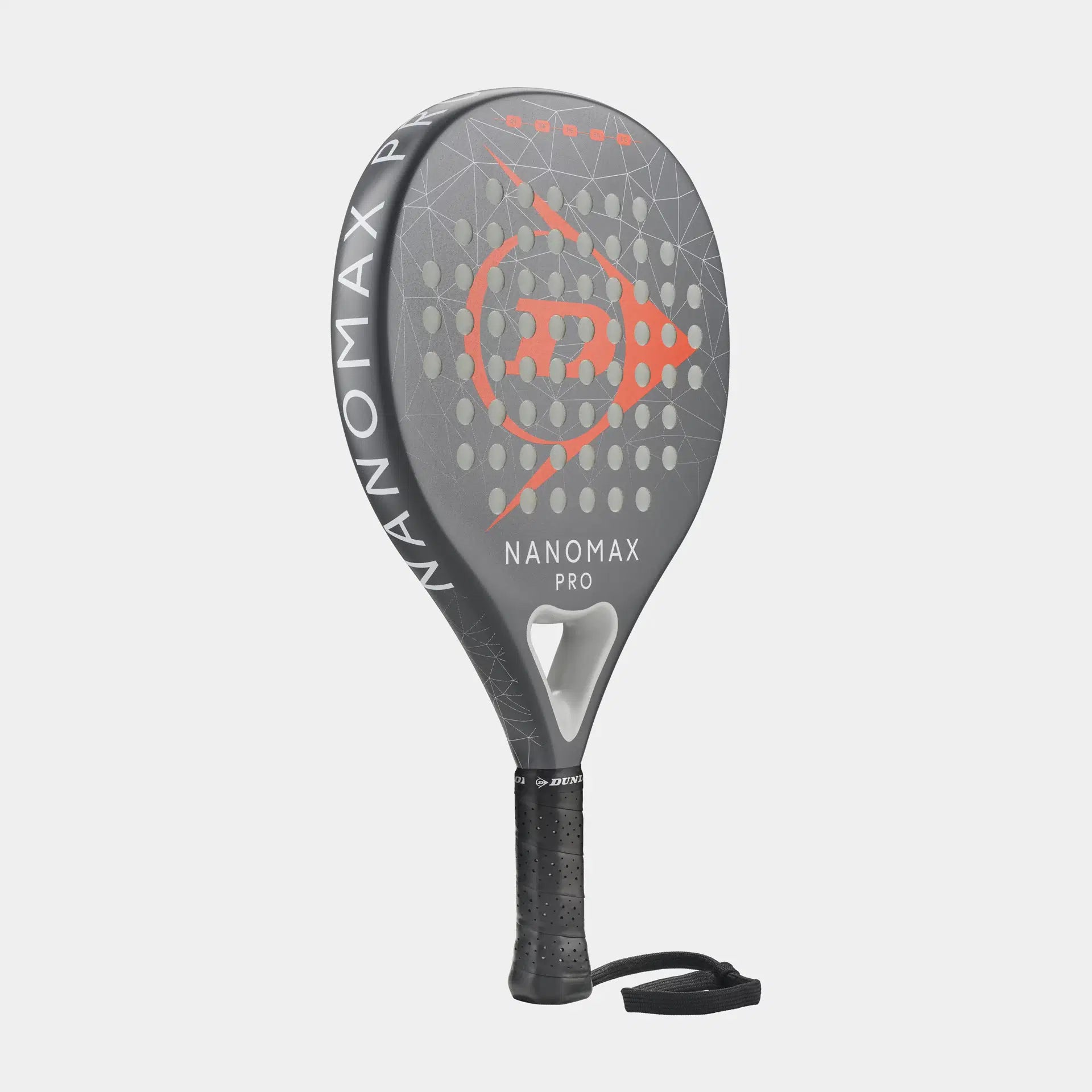 Gray Nanomax Pro padel racket with orange accents, perforated surface, and black grip