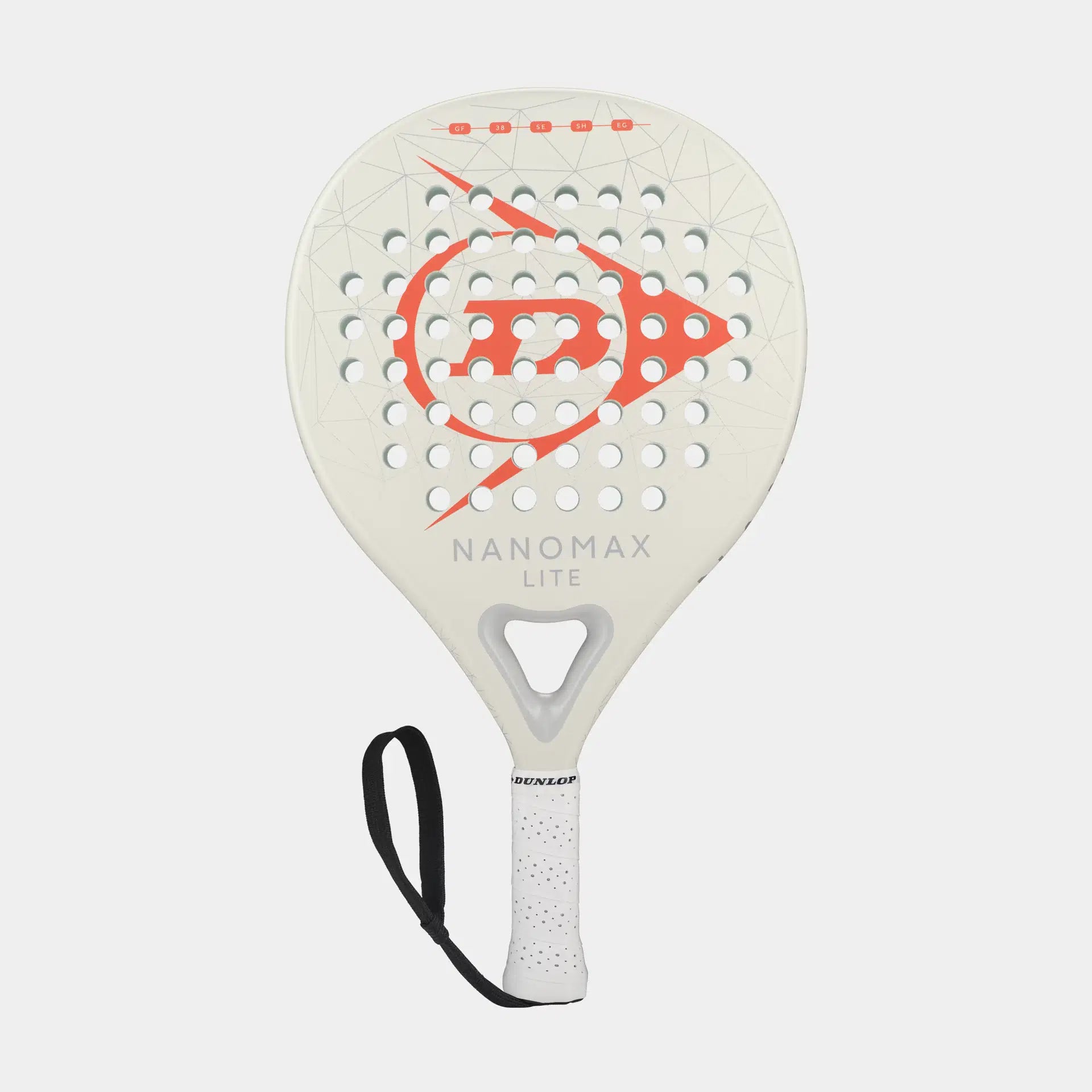 White Dunlop Nanomax Lite padel racket with perforated face and wrist strap on light background