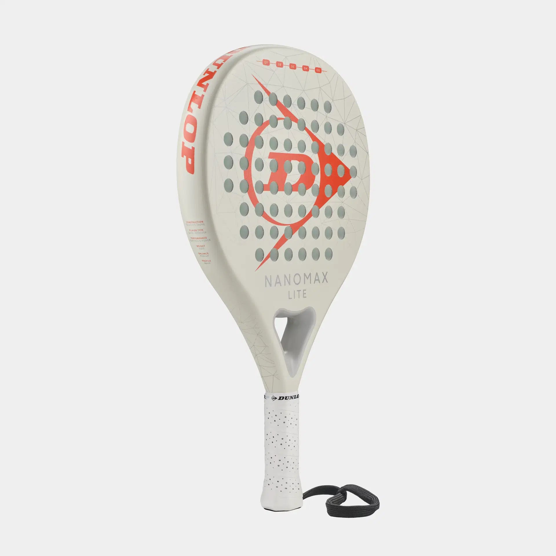 White padel racket with orange accents, Nanomax Lite text, wrist strap, isolated on white.