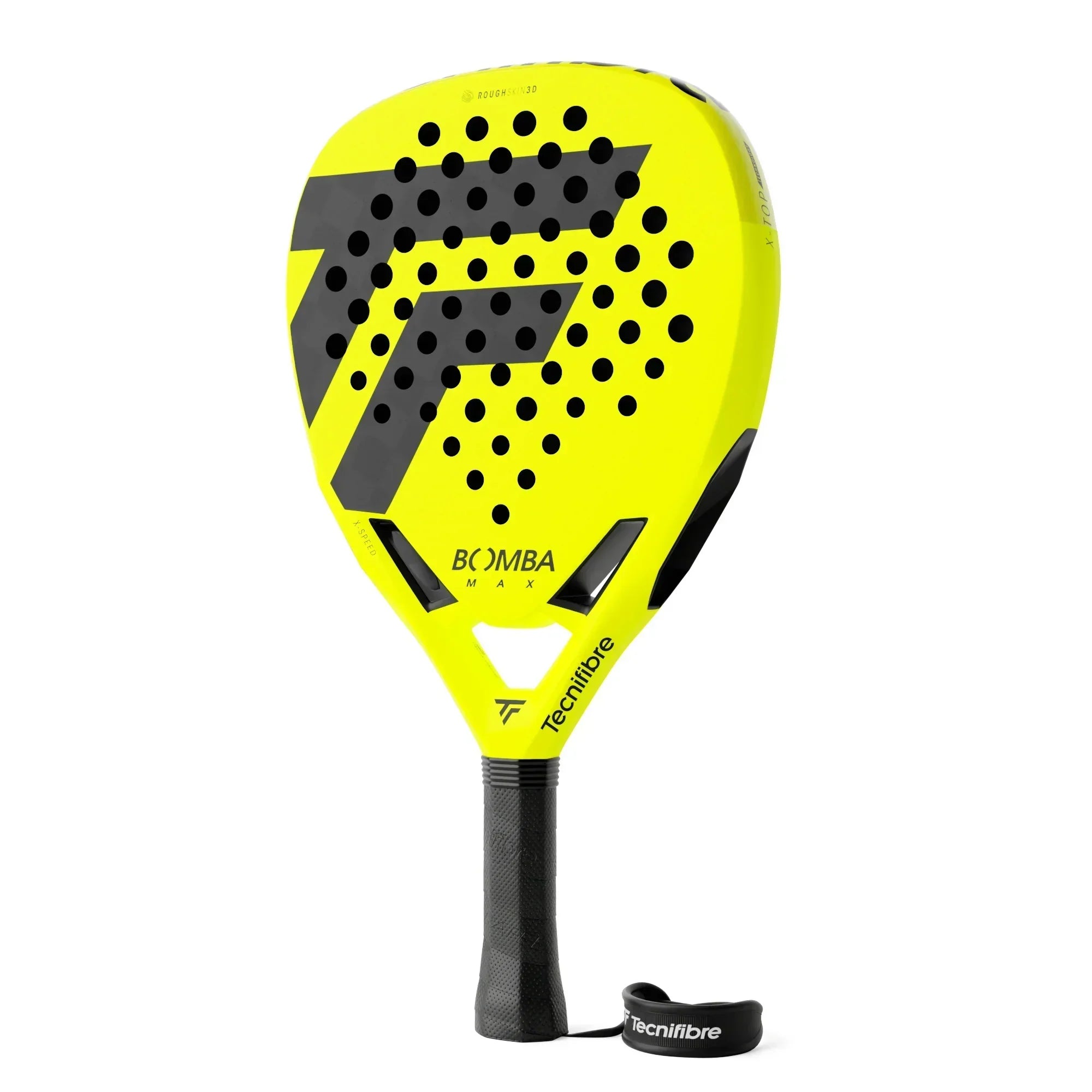 Yellow Tecnifibre padel racket with black grip and bold graphic design on white background